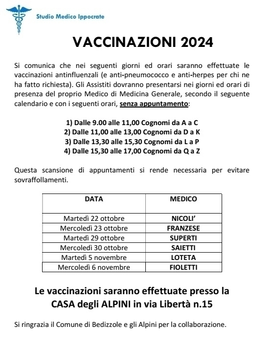 CALENDARIO VACCINAZIONI ANTINFLUENZALI 2024 - Studio Medico Ippocrate